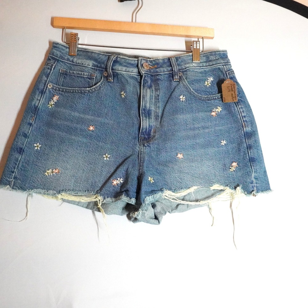 American Eagle Floral Embroidered Distressed Denim Shorts Blue High Rise M